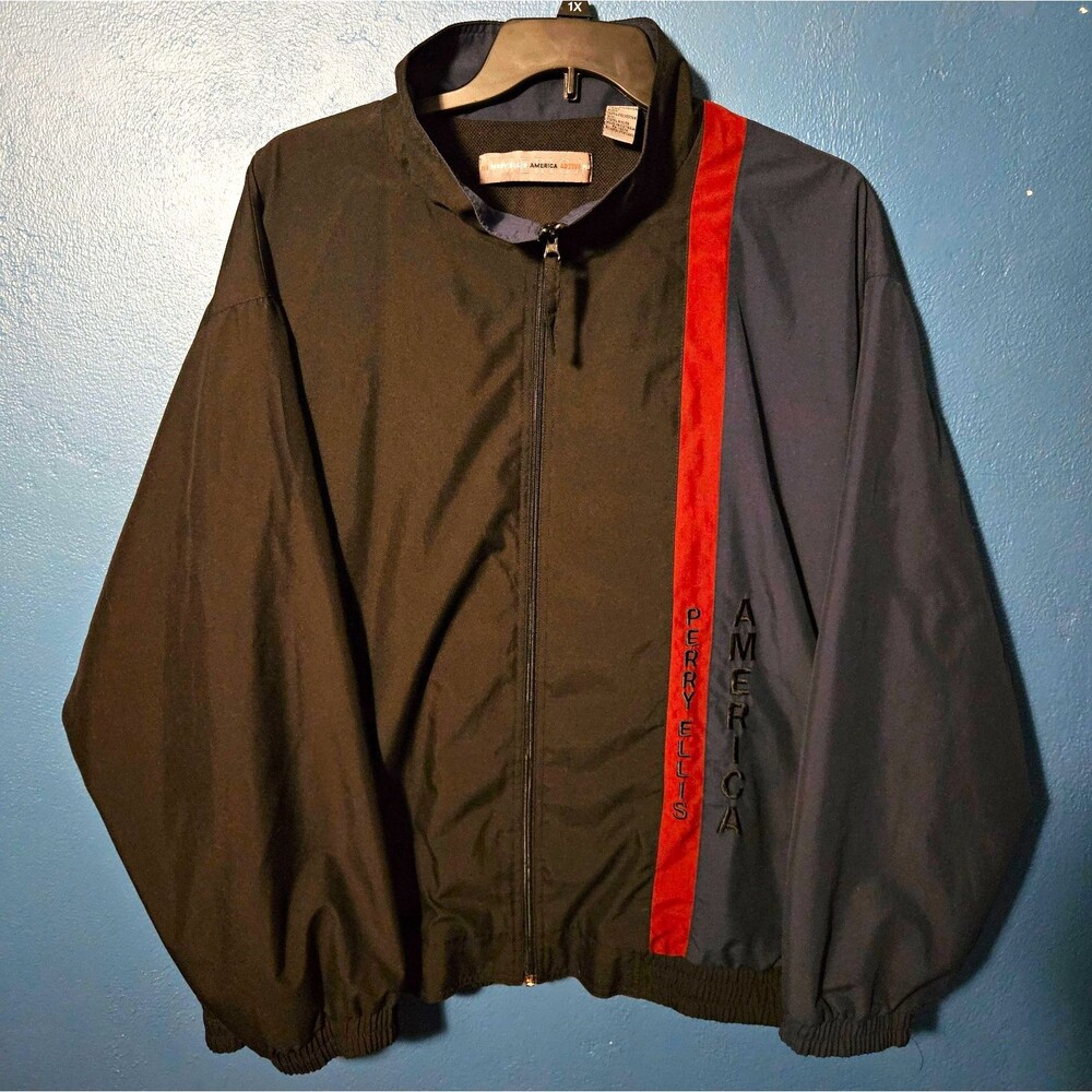 Vintage 90s Perry Ellis America Windbreaker Jacket 3X Black Blue Red Embroidered